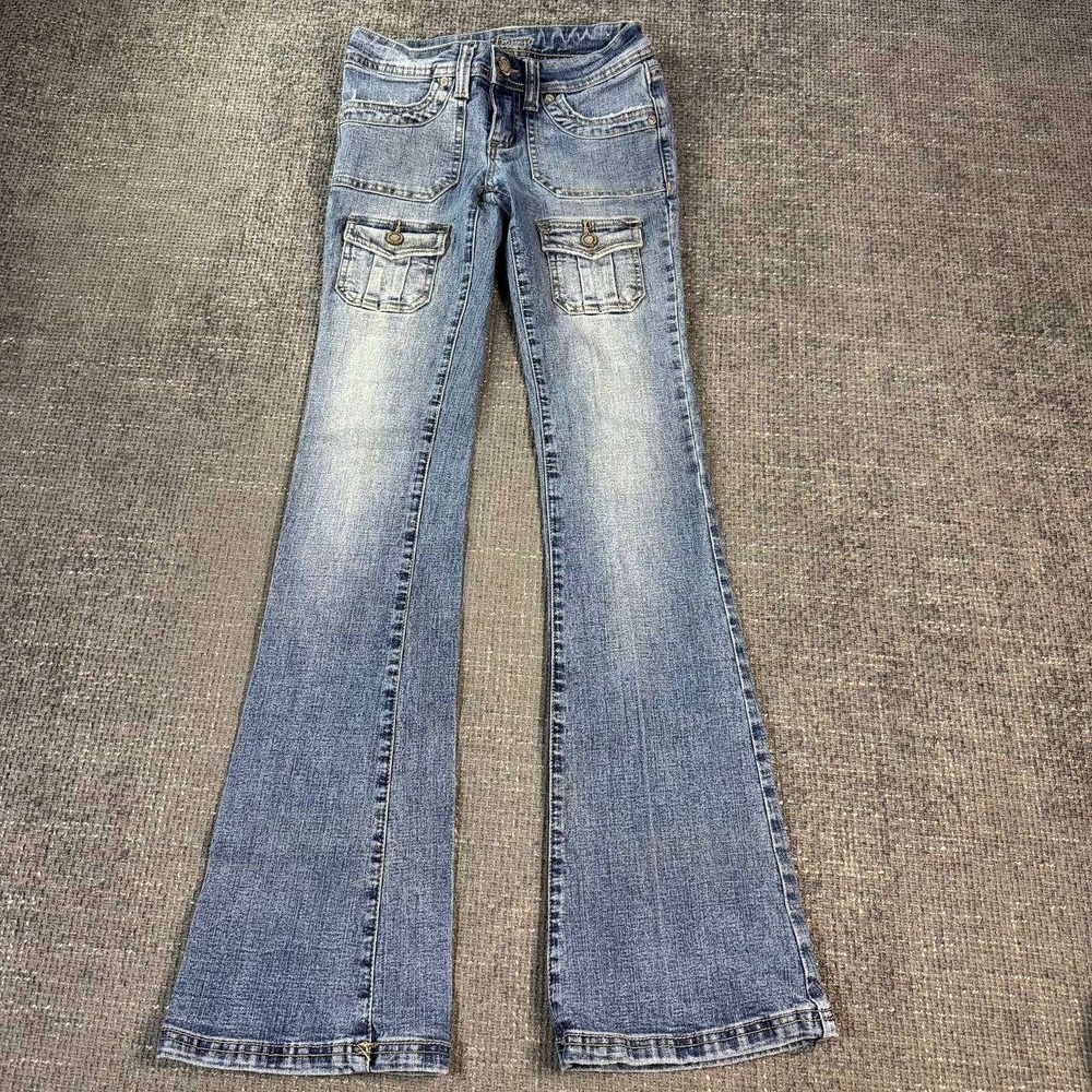 Bongo Cargo Flare Jeans Womens 00 Blue Low Rise Y2K Utility Denim